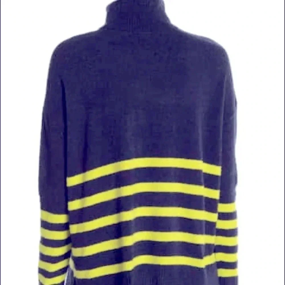 Vince Camuto NWT Navy Blue & Neon Yellow Striped Fuzzy Turtleneck Sweater M - Picture 2 of 10